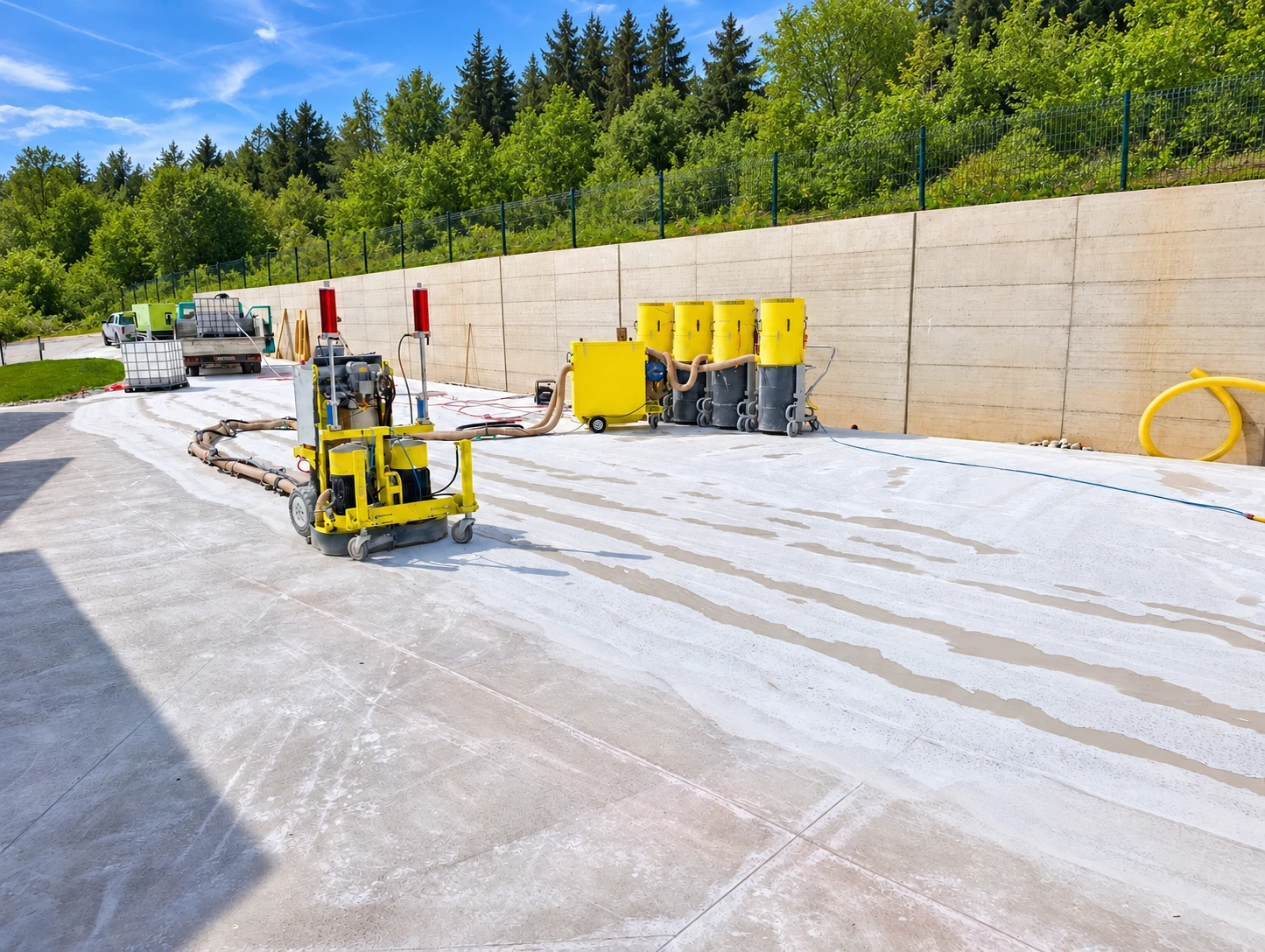 Brusilni stroj z laserskima sprejemnikoma in štirje industrijski sesalci na betonski površini